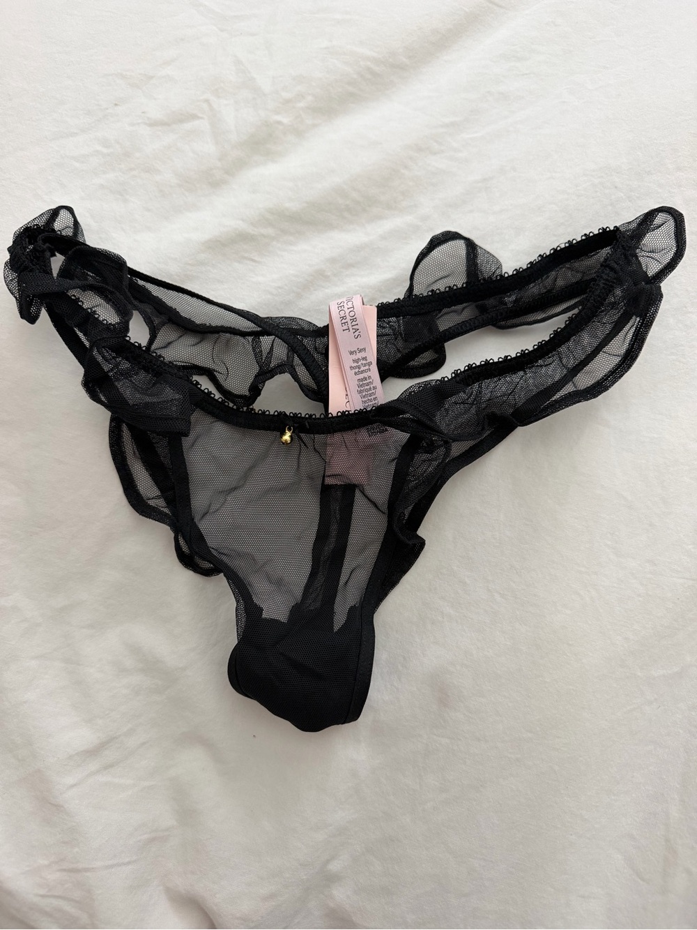 Victoria's Secret Black Ruffle Mesh Thong SzS